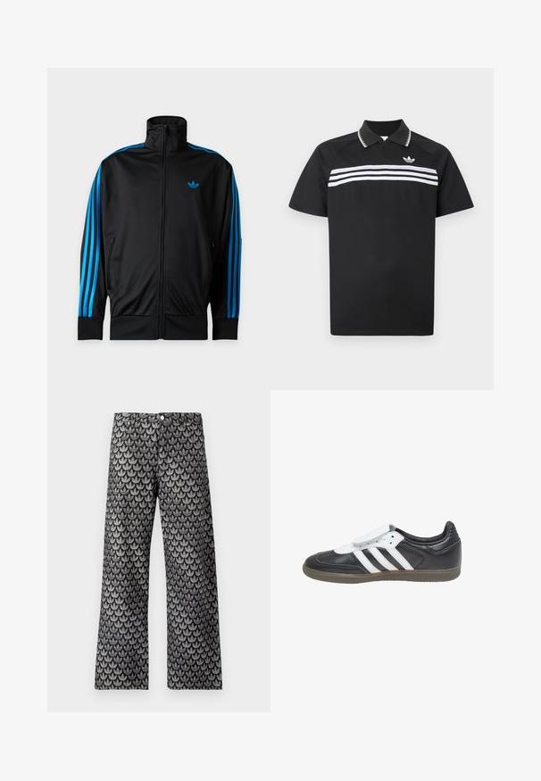 Melnā rāvējslēdzēju sporta jaka ar augstu apkakli, zilas svītras uz piedurknēm un neliels zilais Adidas logotips kreisajā krūšu daļā.; Melna polo krekls ar rāvējslēdzēja apkakli, uz krūtīm trīs baltas horizontālas svītras un neliels logotips augšējā kreisajā pusē.; Plati bikšu bikses melnā un pelēkā krāsā ar faktūras lapu rakstu. Ir klasiskā piecu kabatu konstrukcija un metāla pogas aizdare.; Melns ādas sporta apavu ar baltām svītrām, baltu velkro siksnu un teksturētu brūnu zoli, redzams no sāniem uz balta fona.