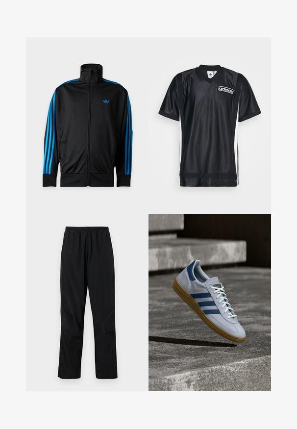 Zwarte trainingsjas met rits en hoge kraag, blauwe strepen langs de mouwen en klein blauw Adidas-logo op de linkerborst.; Zwarte sportieve jersey van glanzende, gladde stof met een V-hals, voorzien van witte zijstrepen en een Adidas-logo op de borst.; Zwarte nylont broek met een elastische tailleband, voorzien van een lichte, gestructureerde afwerking en naadaccenten voor een modern ontwerp.; Lichtblauwe Adidas Spezial sneaker met marineblauwe strepen en rubberen zool, getoond in de lucht boven betonnen trappen in een neutrale buitenomgeving.