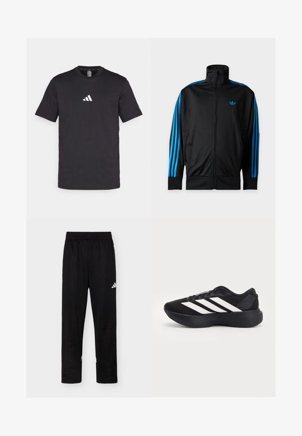 Zwarte trainingsjas met rits en hoge kraag, blauwe strepen langs de mouwen en klein blauw Adidas-logo op de linkerborst.; Zwarte katoenen T-shirt met korte mouwen, voorzien van een wit Adidas-logo op de borst. Klassiek ontwerp met ronde hals.; Zwarte sportbroek met elastische tailleband en wit Adidas-logo op de rechterdij tegen een effen achtergrond.; Zwarte hardloopschoen met dikke zool en drie witte diagonale strepen aan de zijkant, gezien vanaf de buitenkant.