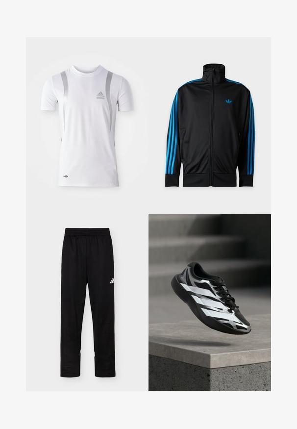 Čierna športová bunda na zips s vysokým golierom, modré pruhy na rukávoch a malým modrým logom Adidas na ľavej strane hrudi.; Biely športový dres s krátkym rukávom so striebornými akcentmi, s okrúhlym výstrihom a logom Adidas na hrudi. Vyrobený z materiálu odvádzajúceho vlhkosť.; Čierne športové nohavice s elastickým pásom a bielym logom Adidas na pravom stehne na jednoduchom pozadí.; Čierno-strieborná športová obuv s bielymi pásikmi vo vzduchu nad betónovým okrajom, schodiskové stupne sú v pozadí rozmazané.