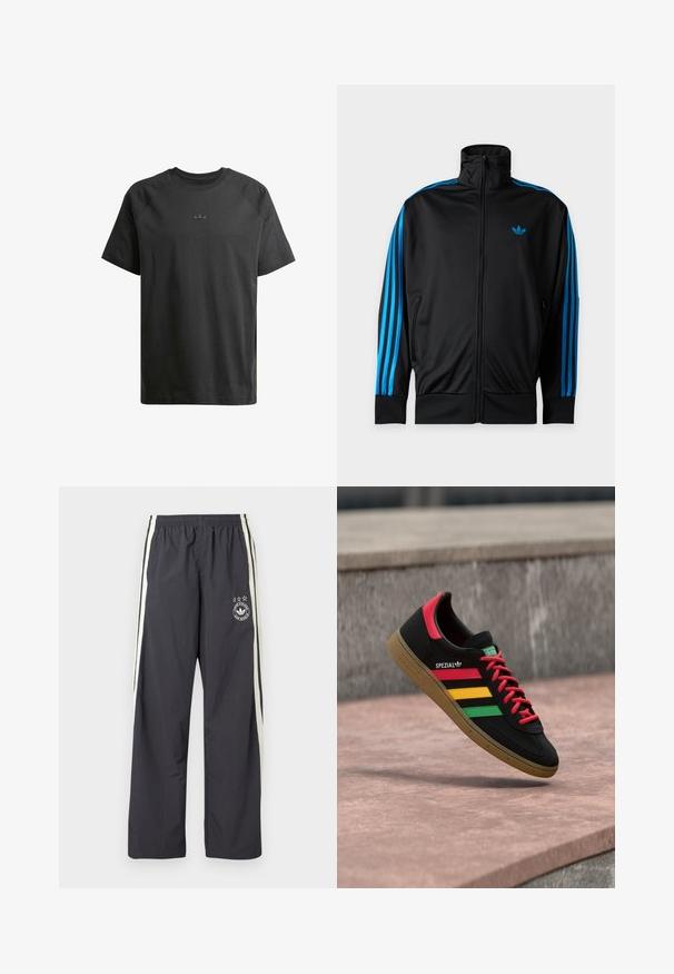 Čierna športová bunda na zips s vysokým golierom, modré pruhy na rukávoch a malým modrým logom Adidas na ľavej strane hrudi.; Čierne bavlnené tričko s krátkymi raglánovými rukávmi, s jemne embosovaným logom na hrudi a hladkou textúrou po celom povrchu.; Tmavosivé teplákové nohavice s bielymi bočnými pruhmi, elastickým pásom a kruhovým logom s tromi hviezdami na ľavom stehne. Ľahká látka.; Čierna teniska Adidas Spezial s červenými, žltými a zelenými pruhmi, červenými šnúrkami, gumovou podrážkou a červeným detailom na päte, zobrazená ako vznášajúca sa nad chodníkom.