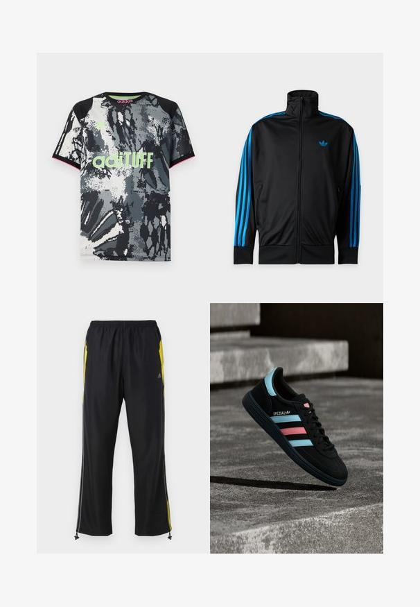 Čierna športová bunda na zips s vysokým golierom, modré pruhy na rukávoch a malým modrým logom Adidas na ľavej strane hrudi.; Tričko s krátkym rukávom a okrúhlym výstrihom so športovým strihom, s čiernym, bielym a šedým abstraktným potlačou; obsahuje neónovo zelené logo "adiTUFF" a ružové akcenty.; Čierne športové nohavice s žltými bočnými akcentmi, elastickým pásom a zipsovými bočnými vreckami. Vyrobené z ľahkej, hladkej tkaniny.; Čierna teniska Adidas Spezial s modrými a ružovými pruhmi, vznáša sa nad textúrovaným sivým betónovým povrchom so tieňom pod ňou.