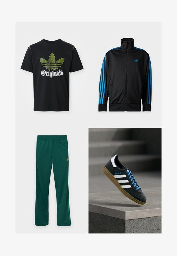 Schwarze Trainingsjacke mit Reißverschluss und hohem Kragen, blauen Streifen an den Ärmeln und kleinem blauem Adidas-Logo auf der linken Brust.; Schwarzes Baumwoll-T-Shirt mit einem abgenutzten grünen Grafikdesign, das drei Streifen zeigt, sowie dem Wort "Originals" darunter in Weiß. Rundhalsausschnitt, kurze Ärmel.; Grüne Sporthose mit elastischem Bund, seitlichen Streifen und einem kleinen goldenen Logo auf der oberen linken Vorderseite. Glatte Textur.; Schwarzer Adidas-Sneaker mit weißen Streifen, blauen Schnürsenkeln und Gummisohle, der über einer grauen Betontreppe im weichen Licht schwebt.