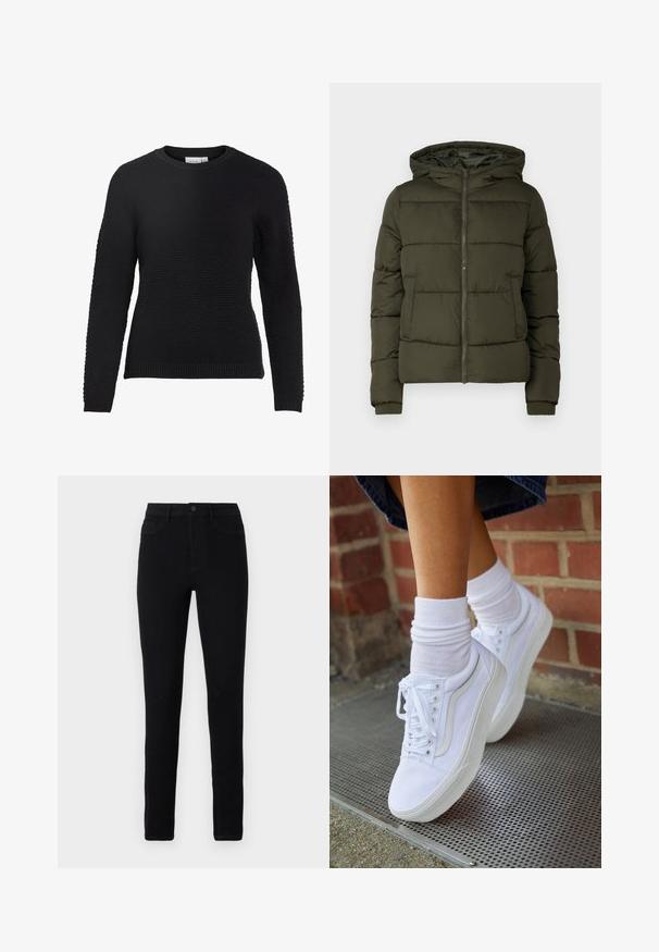 Veste matelassée vert foncé avec fermeture éclair à l'avant, capuche, poches latérales et poignets côtelés aux manches longues.; Pull en tricot noir avec un motif texturé, col rond, et poignets et ourlet côtelés. Manches longues et design ajusté.; Jean skinny en denim noir avec taille haute, cinq poches, une fermeture éclair sur le devant et des coutures contrastées subtiles le long des coutures.; Baskets en toile blanches avec semelles en caoutchouc, dotées de six œillets, d'un bout rond et de détails de couture légers, portées avec des chaussettes blanches mi-mollet.
