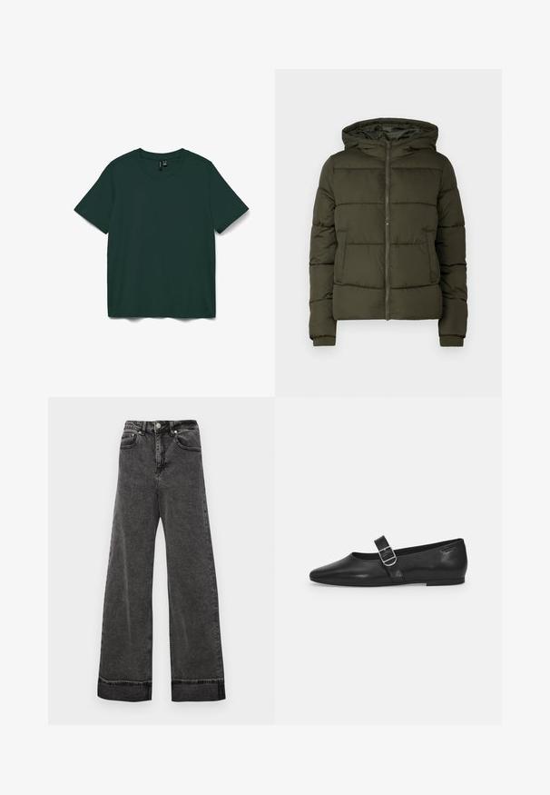 Chaqueta acolchada verde oscuro con cremallera frontal, capucha, bolsillos laterales y puños acanalados en mangas largas.; Camiseta de manga corta de color verde oscuro, hecha de tela suave. Presenta un cuello redondo y un diseño simple y recto. Sin patrones ni adornos.; Jeans negros de cintura alta y pierna ancha hechos de denim, con cierre de botón, cinco bolsillos y dobladillos sin rematar en el tobillo.; Zapato plano de cuero negro con punta redondeada, una sola correa ajustable con hebilla y una textura suave y brillante. Diseño minimalista con un tacón bajo.