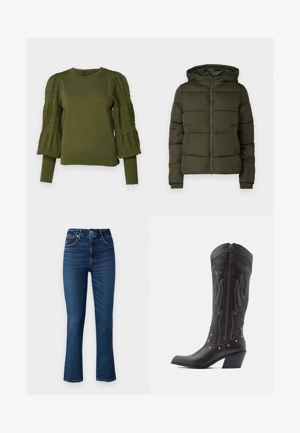 Olivengrøn pufferjakke med hætte, lynlås lukning og forlommer. Har quiltet design og ribbede manchetter. Glat tekstur.; ONLY ONLMELITA O NECK - Striktrøje - winter moss; Good American GOOD LEGS - Jeans Slim Fit - dark blu; Brune læder cowboystøvler med flammebroderi, sidelukning med lynlås, sølvnitter, spids snude og lagdelt hæl.