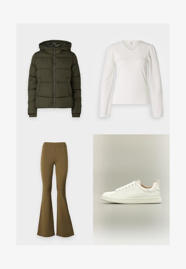 Doudoune vert olive avec capuche, fermeture éclair et poches frontales. Présente un design matelassé et des poignets côtelés. Texture lisse.; Haut blanc à manches longues avec un col en V, fabriqué dans un matériau doux, avec un corsage ajusté et des manches légèrement bouffantes au niveau des poignets. Texture lisse.; Pantalons évasés taille haute en vert olive. Fabriqués en tissu extensible, ils présentent une texture lisse et un bas en cloche large à partir du genou.; Baskets blanches basses avec lacets, détails perforés sur les côtés et languette au talon, sur fond neutre.