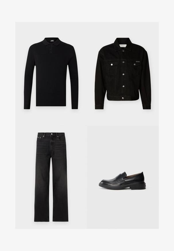 Veste en jean noire boutonnée avec deux poches à rabat sur la poitrine, manches longues et col pointu.; Polo-shirt noir à manches longues avec une texture côtelée, patte de boutonnage à trois boutons et un col doux. Design simple et polyvalent.; Jean noir droit avec cinq poches, passants pour ceinture et fermeture par bouton, présenté sur un fond blanc.; Chaussure habillée noire en cuir, à enfiler, avec un petit talon et un logo Calvin Klein discret sur le côté, présentée de profil sur un fond blanc.