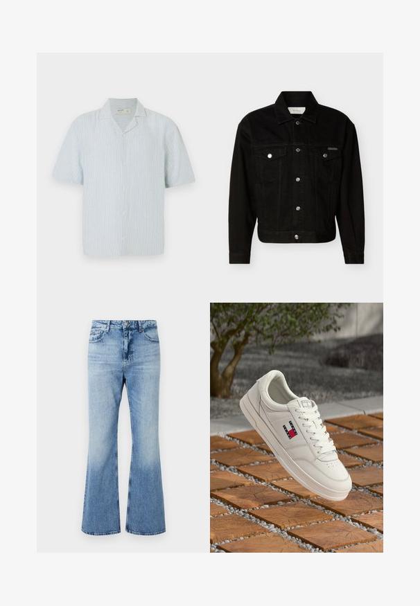 Zwarte denim jas met knopen, twee klepzakken op de borst, lange mouwen en een puntige kraag.; Korte mouw blouse met knopen in lichtblauw en witte strepen. Beschikt over een klassieke kraag en een losse pasvorm in een lichtgewicht stof.; Lichtblauwe denim jeans met een hoge taille, een lichte uitlopende pijp onderaan en subtiele vervaging op de dijen en onderbenen.; Witte leren sneaker met een platte zool, voorzien van een klein logo in rood, wit en blauw. Eenvoudig ontwerp met ronde neus en veters aan de voorkant.