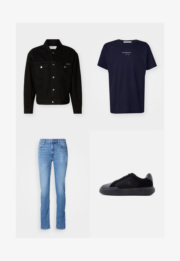 Chaqueta vaquera negra abotonada con dos bolsillos de solapa en el pecho, mangas largas y cuello puntiagudo.; Camiseta de algodón azul marino de mangas cortas, con un logo y el texto "Calvin Klein Jeans" en una impresión sutil y en contraste en la parte delantera.; Vaqueros de mezclilla azul para hombre con corte recto, bolsillos delanteros y traseros, y una pequeña etiqueta de Calvin Klein cerca del bolsillo delantero derecho.; Zapatilla negra de perfil bajo con suela gruesa, cierre de cordones en la parte delantera y un sutil logo "cK" en el panel lateral.