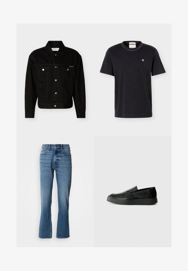 Sort denimjakke med knapper foran, to brystlommer med klap, lange ærmer og spids krave.; Sort T-shirt med korte ærmer og rund hals, med lille hvidt "cK"-logo på venstre bryst, klassisk pasform, ensfarvet design.; Lyseblå denim jeans med lige pasform og let flare. Har fem lommer, knaplukning og subtile slidte detaljer.; Calvin Klein HYBRID CUP - Loafers - triple black