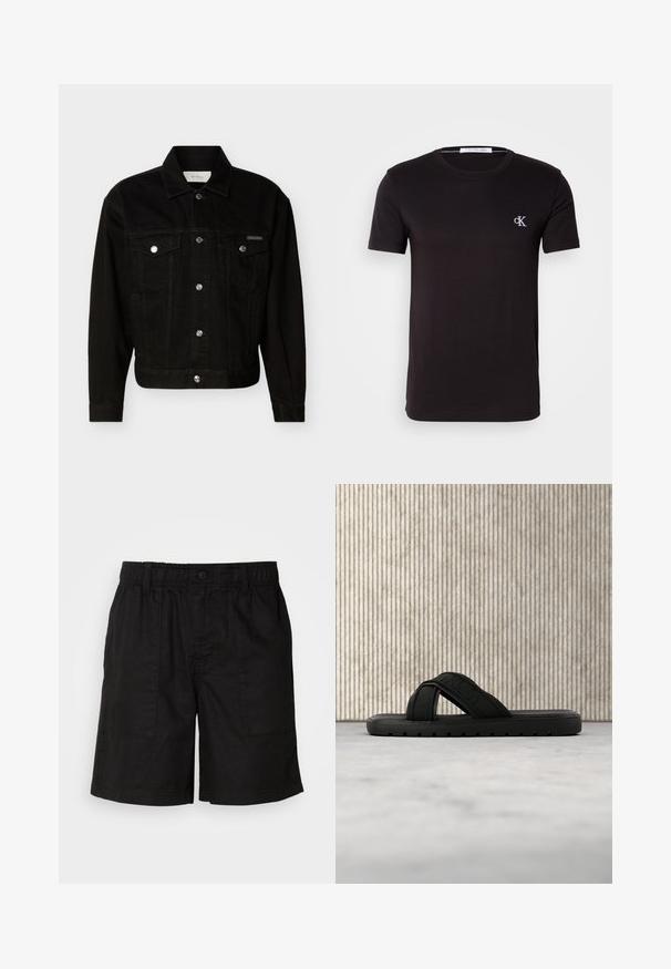 Sort denimjakke med knapper foran, to brystlommer med klap, lange ærmer og spids krave.; Sort t-shirt med korte ærmer og rund hals med lille hvidt "cK" logo på venstre bryst og Calvin Klein Jeans mærkat inde i kraven.; Sorte shorts med elasticiseret talje og knaplukning. Har to store sidelommer med et struktureret stof. Casual design.; Sort Calvin Klein slip-in sandal med tekstureret sål, hvilende på lyst tæppe foran moderne møbler i ravfarve.