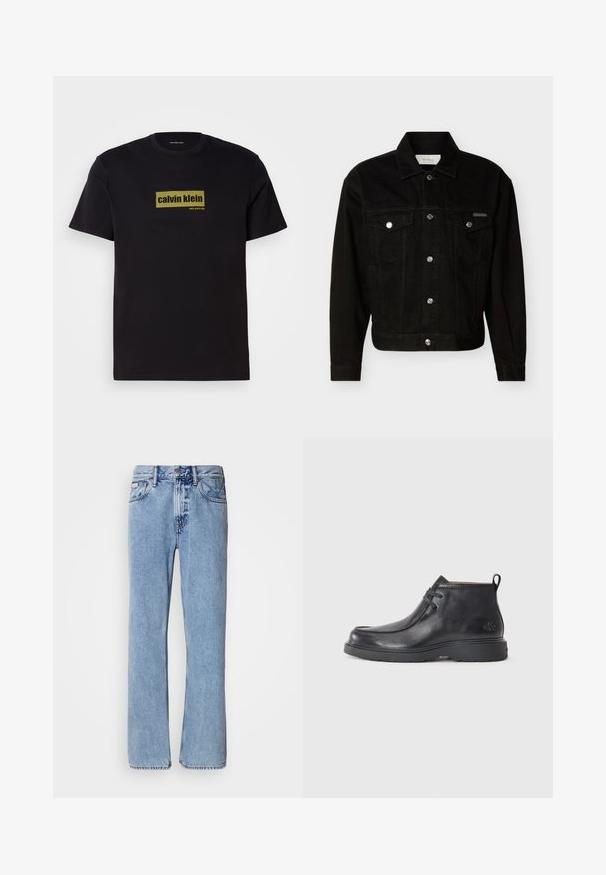 Schwarze Jeansjacke zum Knöpfen mit zwei Pattentaschen auf der Brust, langen Ärmeln und einem spitzen Kragen.; Schwarz Baumwoll-T-Shirt mit kurzen Ärmeln, featuring ein rechteckiges grünes Logo mit dem Text "calvin klein" und "new york city" in fetter Schrift.; Hellblaue Jeans aus Denim mit geradem Bein, fünf Taschen und Knopfverschluss. Nähte in der Nähe der Taschen und des Bundes.; Schwarze Leder-Stiefel bis zur Knöchel mit runder Zehenform, Schnürdesign und einer Ziehlasche auf der Rückseite. Strukturiertes Obermaterial und Gummisohle.