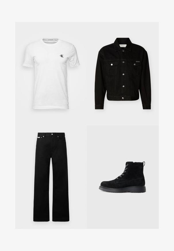 Schwarze Jeansjacke zum Knöpfen mit zwei Pattentaschen auf der Brust, langen Ärmeln und einem spitzen Kragen.; Weißes T-Shirt mit kurzen Ärmeln und Rundhalsausschnitt mit kleinem schwarzem "CK"-Logo auf der linken Brust, Marke Calvin Klein Jeans, Größe Medium.; Schwarze Denim-Hose im weiten Bein-Design mit fünf Taschen und metallenen Knopfdetails. Glatte Textur, ohne sichtbare Muster.; Schwarze Wildleder-Stiefeletten mit einer strukturierten Oberfläche, runder Zehenpartie, grauen Schnürsenkeln und einer stabilen schwarzen Sohle. Verfügt über eine kleine Zuglasche an der Rückseite.