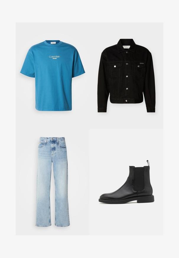 Schwarze Jeansjacke zum Knöpfen mit zwei Pattentaschen auf der Brust, langen Ärmeln und einem spitzen Kragen.; Blaues Baumwoll-T-Shirt mit Rundhalsausschnitt und kurzen Ärmeln, mit dem in Gelb gestickten Logo "Calvin Klein JEANS" zentriert auf der Brust.; Helle blaue weite Jeans mit hoher Taille, in verwaschenem Finish, mit Gürtelschlaufen und klassischem Fünf-Taschen-Design. Der Saum ist ungesäumt.; Schwarze Leder-Ankle-Boots mit glatter Textur, elastischen Seitenpaneelen und einer Zuglasche. Runde Zehenpartie und flache Gummisohle mit minimalem Profil.