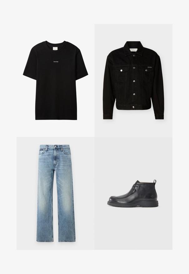 Veste en jean noire boutonnée avec deux poches à rabat sur la poitrine, manches longues et col pointu.; T-shirt en coton noir avec col rond et manches courtes. Présente un petit logo "Calvin Klein" blanc sur le devant. Coupe classique et lisse.; Jean droit en denim bleu clair avec taille haute, cinq poches, fermeture à boutons et léger délavage sur les cuisses et les genoux.; Bottes noires en cuir à talon arrondi, avec un design à lacets et une languette à l'arrière. Tige texturée et semelle en caoutchouc.