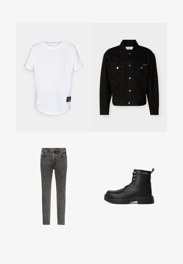 Schwarze Jeansjacke zum Knöpfen mit zwei Pattentaschen auf der Brust, langen Ärmeln und einem spitzen Kragen.; Weißes Baumwoll-T-Shirt mit umgeschlagenen Kurzärmeln, abgerundetem Saum und einem schwarzen Logotag mit "CK" auf der unteren linken Seite.; Schmal geschnittene, ausgewaschene schwarze Denim-Jeans mit fünf Taschen, Gürtelschlaufen und Knopfverschluss an der Taille, vorderseitig auf weißem Hintergrund gezeigt.; Schwarze Leder-Stiefeletten mit runder Zehenpartie, Schnürfront, Metallösen und einer Schlaufe. Verfügt über eine dicke Gummisohle und Logo-Verzierung.