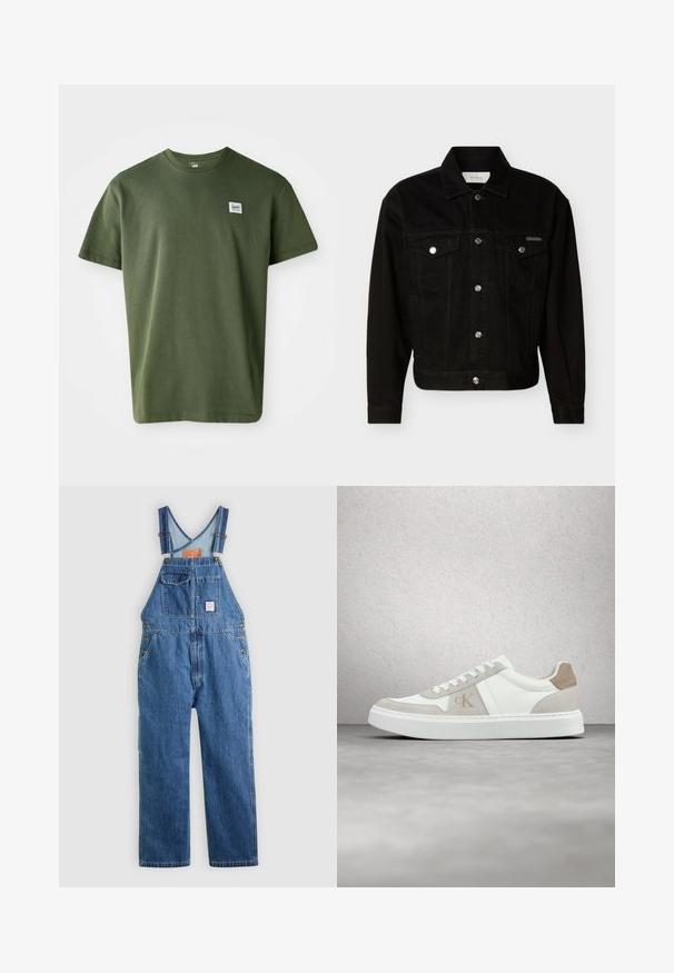 Chaqueta vaquera negra abotonada con dos bolsillos de solapa en el pecho, mangas largas y cuello puntiagudo.; Camiseta de algodón verde oliva con cuello redondo, mangas cortas y un pequeño parche de logo en el lado izquierdo del pecho. Textura suave, corte relajado.; Mono de mezclilla con tirantes ajustables, bolsillo delantero y botones de metal. Color azul clásico y diseño de ajuste relajado.; Zapatilla baja blanca y beige con cordones y logo CK, flotando sobre un suelo de cemento pulido con fondo de pared de bloques de vidrio.