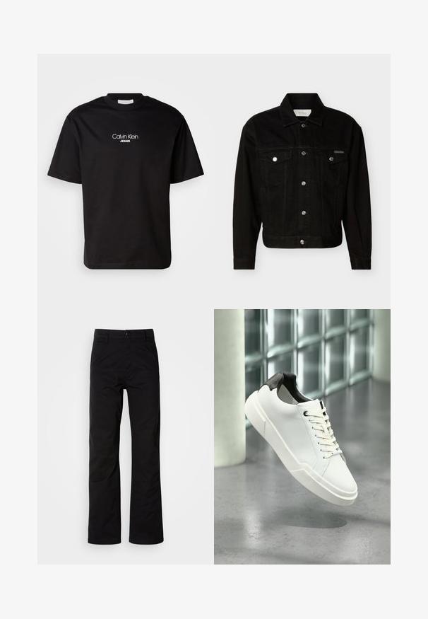 Sort denimjakke med knapper foran, to brystlommer med klap, lange ærmer og spids krave.; Sort bomulds t-shirt med rund hals, korte ærmer og hvid "Calvin Klein JEANS" logo på forsiden. Simpel og lige skåret design.; Sort bomuldsbukser med lige ben, der har knaplukning og bæltestropper. Glat tekstur og minimalistisk stil uden synlige mønstre.; Hvid lav tå-sneaker med sort struktureret hælfane, hvide snørebånd og tyk sål på en poleret betongulv nær glasblokke.