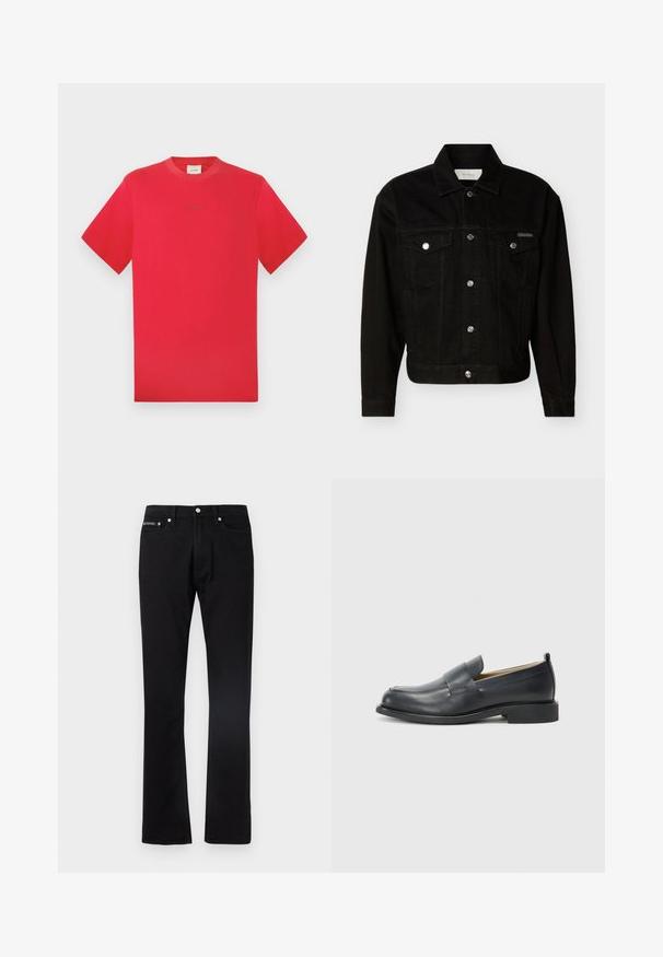 Veste en jean noire boutonnée avec deux poches à rabat sur la poitrine, manches longues et col pointu.; T-shirt rouge à col rond en coton. Manches courtes, couleur unie avec un logo discret au centre. Texture douce et coupe classique.; Jean denim noir à jambe droite avec cinq poches et une fermeture à bouton, présenté à plat sur un fond blanc.; Mocassins en cuir noir avec une finition lisse, une semelle plate et un bout arrondi, ornés d'une sangle décorative sur le dessus.