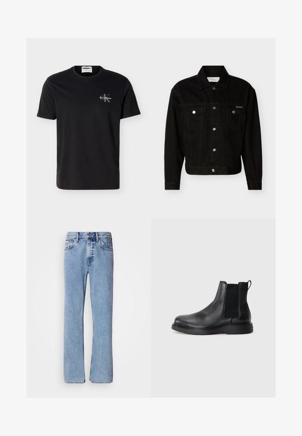 Black button-up denim jacket with two chest flap pockets, long sleeves, and a pointed collar.; Black short-sleeve crew neck T-shirt with small gray Calvin Klein "CK" logo and white text on the left chest.; Light blue denim jeans with a straight leg design, five pockets, and a button closure. Stitching details near pockets and waistband.; Black leather chelsea boots featuring a textured finish, elastic side panels, and a sturdy rubber sole. Subtle branding on the heel.
