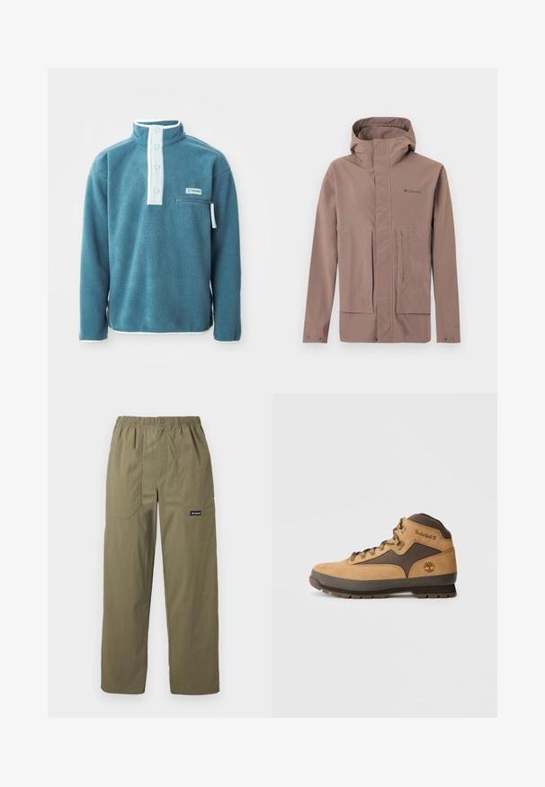 Chaqueta impermeable color topo con capucha, cremallera frontal con solapa, dos grandes bolsillos delanteros y el logo de Columbia en el pecho.; Sudadera de forro polar color azul verdoso con un cuello alto, cuatro botones en el frente y un bolsillo en el pecho con cremallera. Presenta ribetes blancos en el cuello y las mangas.; Pantalones rectos de color verde oliva con cintura elástica, bolsillos frontales parche, cierre con botón y logo de Columbia en el bolsillo derecho.; Bota de senderismo de ante marrón con acentos en marrón oscuro, ojales de metal y suela antideslizante. Logo de Timberland grabado en el lateral. Diseño de media caña.