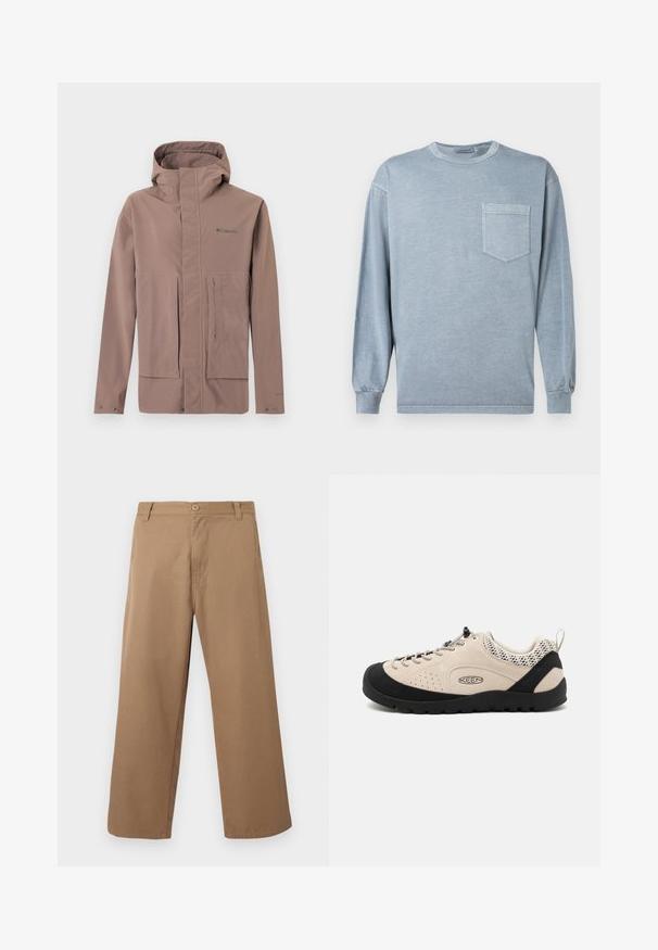 Taupe vandtæt jakke med hætte, frontlynlås med klap, to store forlommer og Columbia-logo på brystet.; Blå langærmet t-shirt lavet af blød bomuld med rund hals og en brystlomme med en diskret syning; Beige bukser med vide ben, bæltestropper, forreste knap og lynlås, vist mod en ensartet lys baggrund.; Beige ruskindsko med sort gummitåhætte og sål, med snøredesign og åndbare mesh-detaljer på hælen.