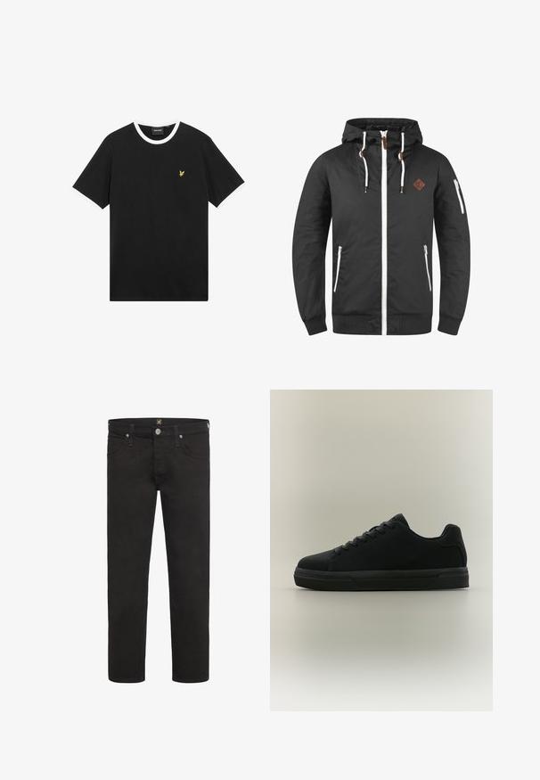 Sort hættejakke lavet af glat stof, med hvide lynlåse og sidelommer, samt en struktureret brun logo-patch på brystet.; Sort T-shirt med hvid krave og ærmekanter, lavet af bomuld. Har en lille gul broderet ørnelogo på brystet.; Sorte straight-leg jeans med knap- og lynlås-lukning, for- og baglommer samt bæltestropper, fra mærket Lee.; Sort lavtopet sneaker med snørebånd, gummisål og glat finish, vist i sideprofil på en neutral baggrund.