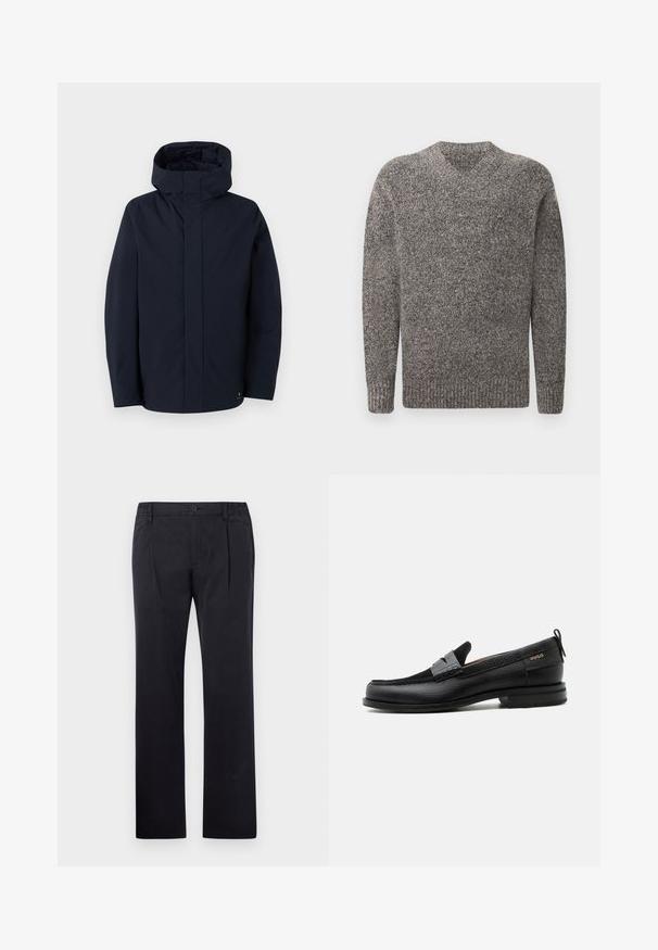 Samsøe Samsøe JOHN JACKET - Veste imperméable - salute; Pull gris en V, texture en tricot, manches longues, bords côtelés et ourlet, motif chiné, tissu de poids moyen.; Pantalons en coton noirs avec une coupe droite, dotés d'une fermeture à bouton et d'une taille élastique pour un ajustement confortable. Texture lisse, sans motifs.; Mocassin en cuir noir avec détail de bride grise, talon bas et semelle texturée, marqué "HUGO" en or sur le côté.
