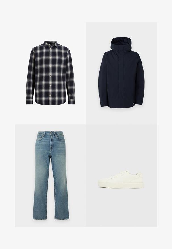 Samsøe Samsøe JOHN JACKET - Regnjakke / vandafvisende jakker - salute; Marineblå og cremeplaid flannel skjorte med knapkrave, lange ærmer og beige knapper; har en blød tekstur og en struktureret form.; Blå jeans med høj talje, lige ben, frontlukning med knapper, bæltestropper og design med fem lommer.; Hvid lav sneakers med snørebånd foran, glat læderoverflade og tyk gummisål, vist fra ydersiden på en ensfarvet baggrund.