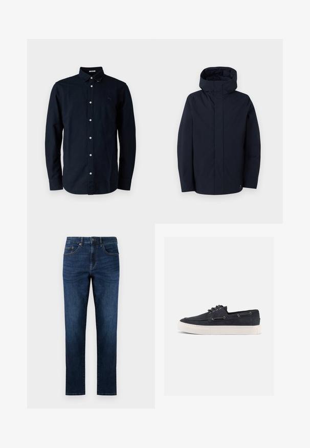 Samsøe Samsøe JOHN JACKET - Regnjakke / vandafvisende jakker - salute; Marinblå knap-op skjorte lavet af bomuld, med klassisk krave, lange ærmer og et lille broderet logo på brystet.; Mørkeblå denim jeans med lige ben design, der har fem lommer, syede detaljer og en klassisk knaplukning.; Mørkeblå ruskinds-casual sneaker med hvid gummisål, sorte snørebånd og metaløjer, vist fra højre side på ensfarvet baggrund.