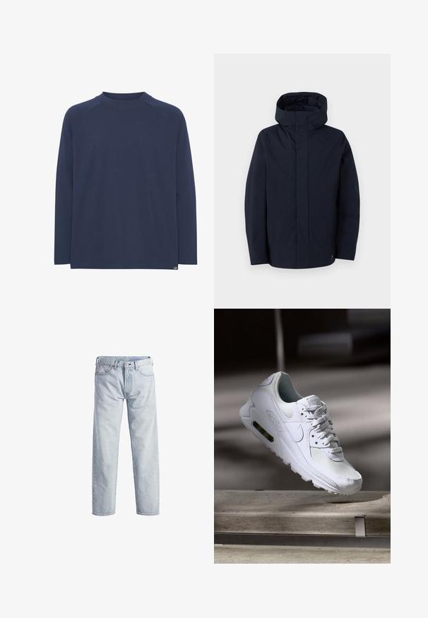 Samsøe Samsøe JOHN JACKET - Regenjas - salute; Donkerblauwe longsleeve shirt met een ronde halslijn en raglanmouwen; zachte structuur en een subtiele stikseldetail aan de onderkant.; Lichtblauwe denim jeans met een rechtstaand ontwerp, knopenfly, vijf zakken en een subtiele vervaagde textuur. Voorzien van metalen hardware accenten.; Witte Nike Air Max 90 sneaker met een bovenwerk van mesh en leer, een geperforeerde teenbox en een zichtbare luchtunit in de hiel.