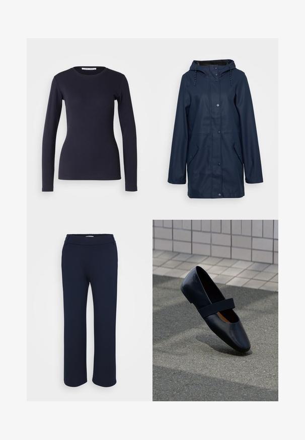 Veste de pluie imperméable bleu marine avec capuche, boutons-pression, deux poches latérales et cordon de serrage ajustable au niveau du col. Texture lisse.; T-shirt à manches longues navy en coton doux. Présente un col rond, une coupe ajustée et une texture côtelée. Design simple et uni.; Pantalons bleu marine à jambe droite en tissu extensible, dotés d'une taille plate et de deux poches latérales pour plus de fonctionnalité.; Chaussure plate en cuir noir avec un bout arrondi, dotée d'une douce sangle élastique noire sur le cou-de-pied. Texture lisse et design minimaliste.