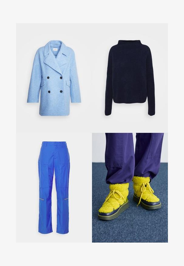 Lyseblå dobbeltrækker frakke lavet af struktureret stof. Har store sorte knapper, skarpe reverser og to forlommer. Korte ærmer.; Filippa K MIKA STRIPE - Striktrøje - navy; rag & bone KAI FLIGHT - Bukser - blue; Gule, fluffy støvler med rund tå, tekstureret stof og grøn gummisål. Har gule snørebånd og en marineblå accent omkring tåen.