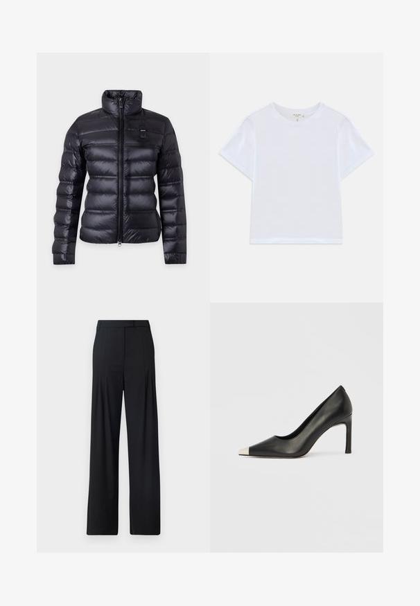 Chaqueta acolchada negra y brillante con costuras horizontales, cuello alto, cremallera completa frontal y un pequeño parche en el pecho izquierdo.; Camiseta blanca corta hecha de algodón suave, con un cuello redondo y mangas cortas, y un corte ligeramente holgado. Sin patrones ni acentos.; Pantalones de pierna ancha negros con frente plano, pliegues y cinturilla ajustada. Fabricados con una tela suave y ligera.; Zapato de tacón alto de cuero negro con punta en forma de pico y una tapa metálica plateada. Presenta un acabado suave y un tacón delgado de 10 cm.