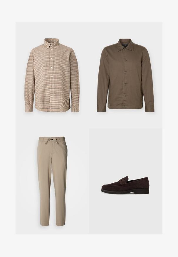 Camisa marrón de manga larga con botones, cuello, seis botones en el frente y un diseño ajustado.; Camisa de botones de manga larga a cuadros en tonos beige y marrón con cuello botones, exhibida sobre un fondo liso, vista frontal.; Pantalones beige confeccionados con un tejido suave, que cuentan con cintura ajustable con cordón y un corte relajado, con piernas rectas y sin bolsillos visibles.; Mocasines de ante marrón con un perfil bajo y punta redonda. Presentan una correa decorativa en la parte superior, suela plana de goma y sin costuras visibles.