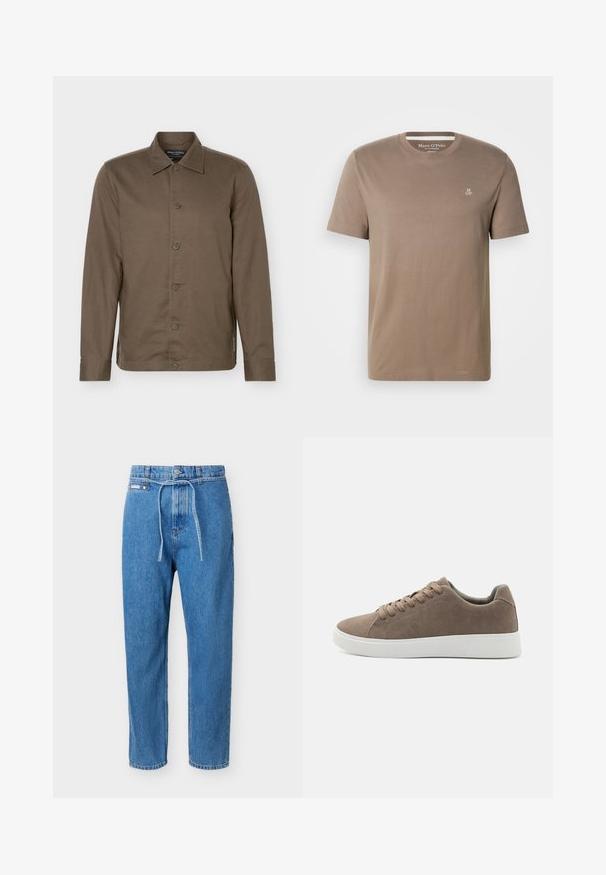 Camisa marrón de manga larga con botones, cuello, seis botones en el frente y un diseño ajustado.; Camiseta de algodón color topo de manga corta con cuello redondo y pequeño logo blanco "M OP" en la parte superior izquierda del pecho, de Marc O'Polo.; Vaqueros de mezclilla azul con pierna recta, cintura alta, botón frontal, cierre de cremallera y un cinturón delgado de mezclilla atado en la cintura.; Zapatillas de ante marrón con suelas de goma blanca planas, diseño de cordones, punta redondeada y una textura suave. Estilo minimalista con sutiles detalles de costura.