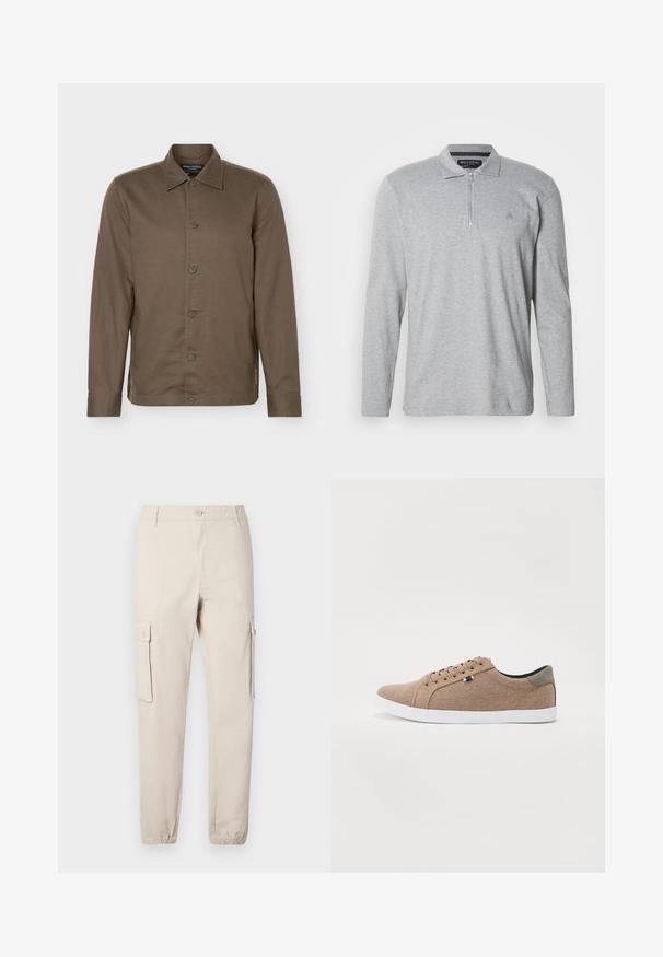 Chemise marron à manches longues à boutons, col, six boutons sur le devant et coupe slim.; Polo gris à manches longues en tissu doux, équipé d'une fermeture éclair à moitié, d'un col classique et d'un petit logo sur la poitrine.; Pantalon cargo beige avec deux poches latérales, une fermeture à boutons, des poignets élastiques et une coupe droite. Confectionné en tissu de coton résistant.; Baskets en toile beige avec un design basse, semelle en caoutchouc blanc et lacets ronds. Présente un accent de talon gris contrastant et un détail de logo.