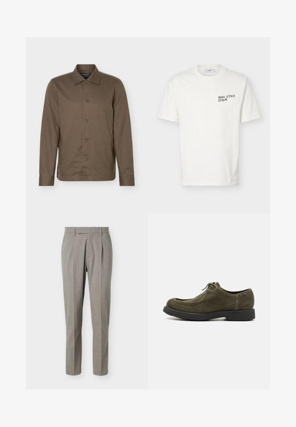 Brun langærmet skjorte med krave, seks knapper foran og en slank pasform.; Hvid T-shirt med korte ærmer og rund halsudskæring med "Marc O’Polo Denim"-logo trykt i sort på venstre bryst.; Lysegrå skræddersyede bukser med lige ben, bæltestropper, forreste læg og en ren linning på hvid baggrund.; Mørkegrønne ruskindsko med en glat tekstur, der har en afrundet tå, syninger og en sort gummisål.