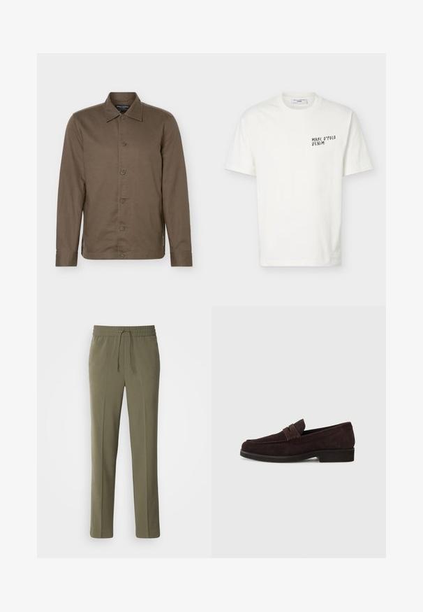 Camisa marrón de manga larga con botones, cuello, seis botones en el frente y un diseño ajustado.; Camiseta blanca de manga corta con cuello redondo y el logo "Marc O’Polo Denim" impreso en negro en el pecho izquierdo.; Pantalones de color verde oliva, ligeros, con cintura elástica y cordón ajustable; diseño de pierna recta y textura suave.; Mocasines de ante marrón con un perfil bajo y punta redonda. Presentan una correa decorativa en la parte superior, suela plana de goma y sin costuras visibles.