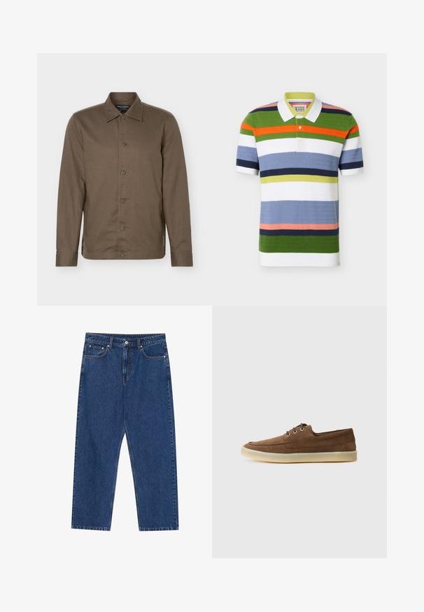 Brun langærmet skjorte med krave, seks knapper foran og en slank pasform.; Kortærmet polo med vandrette striber i grøn, orange, hvid, blå, marineblå og pink, med hvid krave og knappet slids.; Mørkeblå denim jeans med lige ben, forlommer og en knaplukning med kontraststing hele vejen.; Brune ruskindssko med lav profil, snørebåndsdesign, gummisål og kontrasterende syninger. Simpel og funktionel stil.