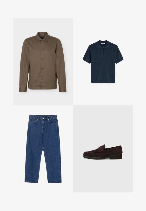 Chemise marron à manches longues à boutons, col, six boutons sur le devant et coupe slim.; Polo en maille bleu marine à manches courtes avec texture côtelée et fermeture à moitié éclair à l'avant.; Jeans en denim bleu foncé, avec une coupe droite, des poches avant et une braguette à bouton avec des coutures contrastées.; Mocassins en daim marron avec une silhouette basse et un embout arrondi. Présentent une sangle décorative sur le dessus, une semelle en caoutchouc plate et sans couture visible.