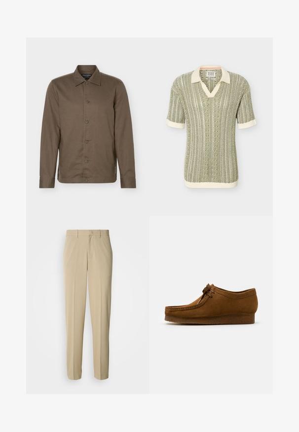 Brun langærmet skjorte med krave, seks knapper foran og en slank pasform.; Kortærmet strikket polo i olivengrøn og creme med vertikale teksturerede striber og ribstrikket krave, manchetter og kant.; Beige bukser med lige ben, lavet af et glat materiale, med en flad front og uden synlige lommer eller pynt.; Brune ruskind sko med rund tå og lav hæl, detaljeret syning langs sømmene og snørelukning fortil. Blød tekstur med strømlinet design.