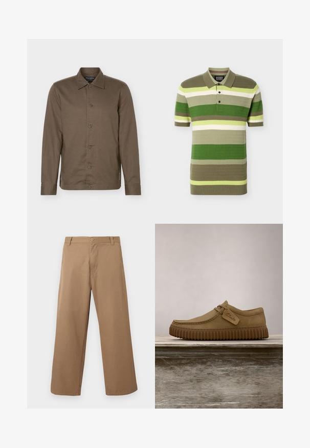 Bruin, met knopen, hemd met lange mouwen en kraag, zes knopen aan de voorkant en een slim-fit ontwerp.; Polo met korte mouwen met horizontale strepen in tinten groen, beige, wit en geel, voorzien van een kraag met knopen en een gestructureerde stof.; Beige wijde broek met ceintuurlussen, knoop aan de voorkant en ritssluiting, afgebeeld tegen een eenvoudige lichte achtergrond.; Lichtbruine suède schoenen met een ronde neus, gestikte details en een geribbeld bruine rubberen zool. Bevat een zijlabel met het "Clarks" logo.