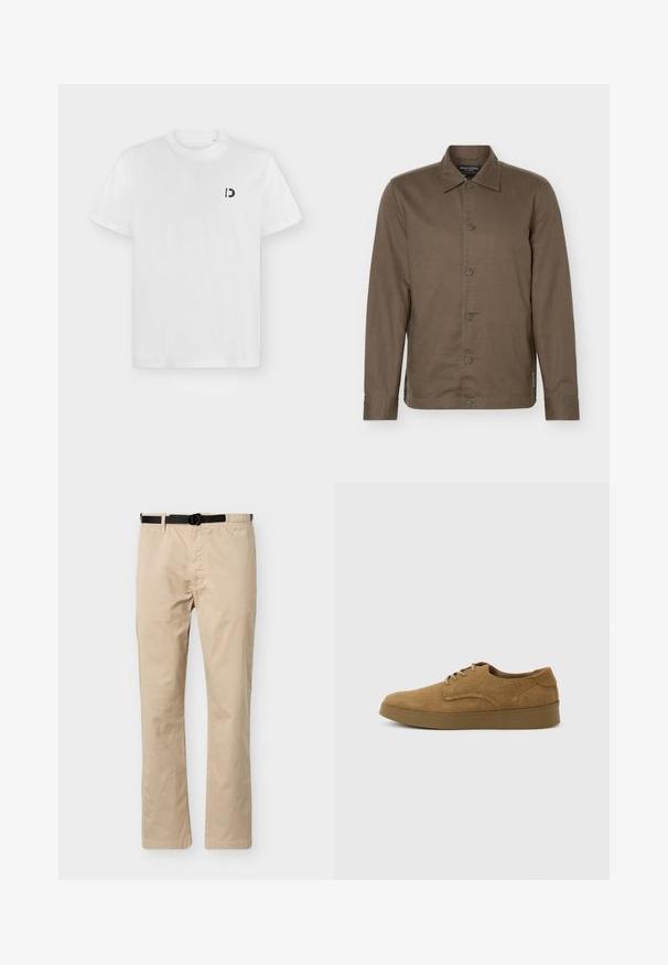 Chemise marron à manches longues à boutons, col, six boutons sur le devant et coupe slim.; T-shirt blanc à manches courtes et col rond avec petit logo "D" noir sur la poitrine gauche, sur fond gris clair uni.; Pantalon beige à jambes droites avec ceinture noire ajustable, taille élastique d'un côté et couture décorative à l'avant.; Chaussure décontractée à lacets en daim marron avec semelle en caoutchouc plate, vue de côté sur un fond clair uni.