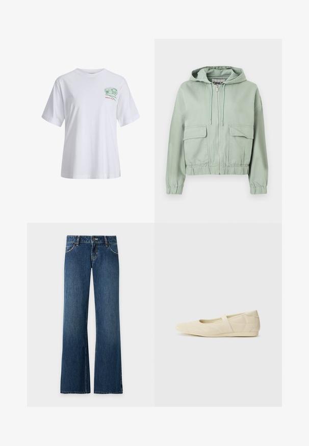 Lichtgroene cropped hoodie met rits aan de voorkant, twee klepzakken, capuchon met trekkoord en elastische manchetten en zoom.; Witte T-shirt met korte mouwen, voorzien van een kleine groene en rode afbeelding met sushirollen en de tekst "SINCE 2020" op de linkerborst.; Blauwe rechte spijkerbroek met voorzakken, riemlussen, knoopsluiting en zichtbare stiksels op een effen lichte achtergrond.; Beige ballerina's met een gladde leren buitenkant, amandelvormige punt en elastische band over de wreef, met subtiele stiksels.