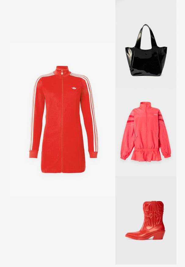 Koraalroze Adidas jas met ritssluiting, hoge kraag, elastische taille en manchetten, witte bies en diagonale strepen op de mouwen.; Rode sportjack met lange mouwen, rits en witte strepen op de mouwen, met het witte Adidas-logo op de linkerborst.; Rodeo cowboylaars in het rood met een hoge, flared hak. Gemaakt van glanzend materiaal met reliëf westelijke ontwerpen op de schacht. Puntige neusvorm.; Zwarte glanzende leren totebag met brede handvatten en een klein ovaal logo aan de voorkant, weergegeven tegen een effen achtergrond.