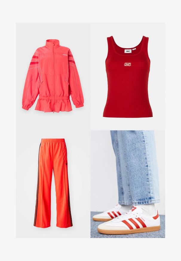 Korallroosa Adidas lukuga jakk kõrge krae, elastse vöökoha ja varrukakätistega, valgete triipudega ning diagonaalsete triipudega varrukatel.; Punane sooniline tank top ümarate kaeluste ja laialdaste nööpidega, millel on keskel valge tikandiga "OBEY" logo.; Kirkas oranžid spordipüksid laia säärekujundusega, millel on mustad külgtriibud ja elastne vöökoht. Kaasas on lukuga tasku.; Valged nahast spordijalatsid punaste triipude ja aktsentidega. Omab tekstureeritud kummist tallaosa ja polsterdatud kraed. Kanda helesinise teksaga.