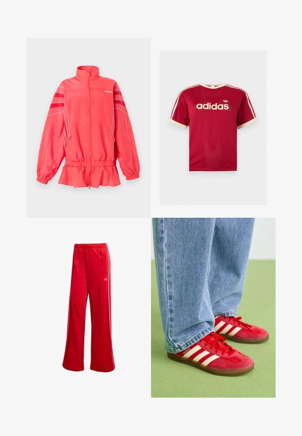 Koralfarvet Adidas lynlåstrøje med høj krave, elastisk talje og ærmekanter, hvide striber og diagonale striber på ærmerne.; Rød Adidas mesh t-shirt med beige kant på krave, ærmer og de tre striber på skuldrene, med Adidas-logo og tekst på fronten.; Røde atletiske bukser med brede ben, elastisk talje og sidelomme med lynlås. Har et lille hvidt logo på venstre side. Glat tekstur.; Røde ruskinds sneakers med tre hvide striber, rund tå og tekstureret sål, parret med lyseblå denim jeans på en grøn baggrund.
