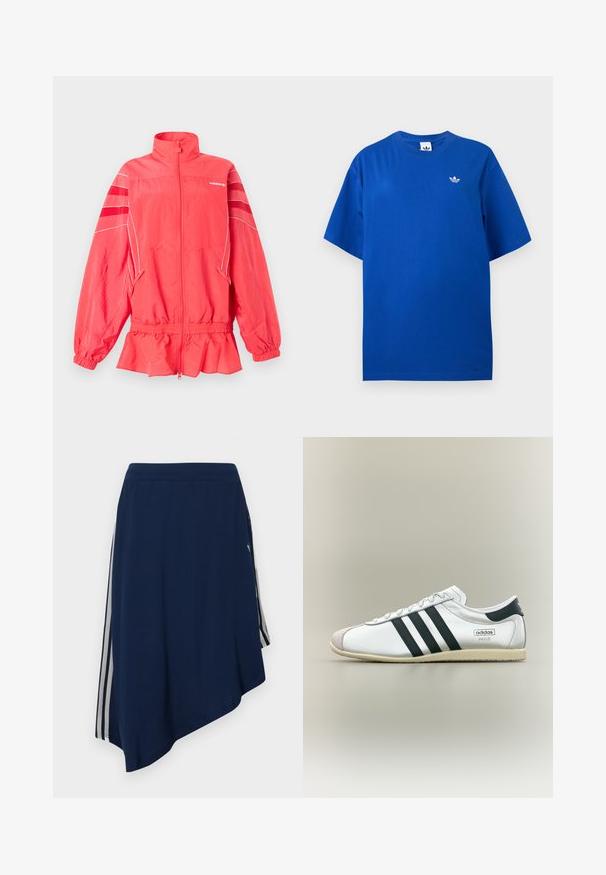 Ζακέτα Adidas σε κοραλλί ροζ με φερμουάρ, ψηλό γιακά, ελαστική μέση και μανσέτες, λευκή επένδυση και διαγώνιες ρίγες στα μανίκια.; Μπλε κοντομάνικο T-shirt Adidas με στρογγυλή λαιμόκοψη και μικρό λευκό λογότυπο Adidas trefoil στο αριστερό μέρος του στήθους.; Μπλε ναυτικό ασύμμετρη φούστα με λευκές κάθετες ρίγες στις πλευρές και υφασμάτινο σχέδιο υφής.; Λευκό αθλητικό παπούτσι Adidas Paris με μαύρες ρίγες, μπεζ σόλα και δερμάτινο κάλυμμα στα δάχτυλα, εμφανιζόμενο από το πλάι σε ουδέτερο φόντο.